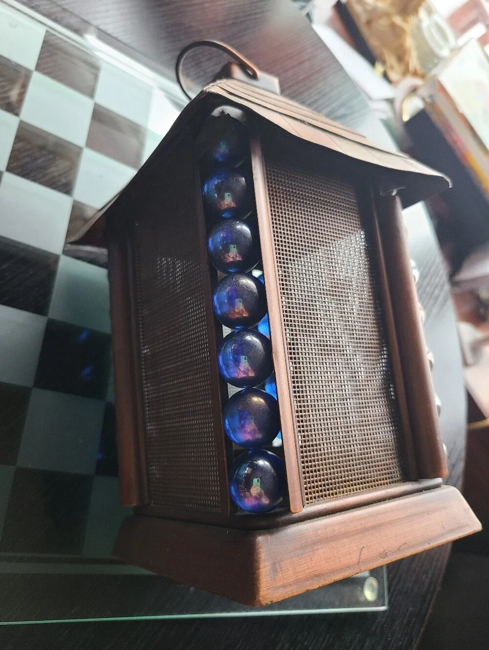 Rustic Copper Brown Lantern with Blue Glass Accents